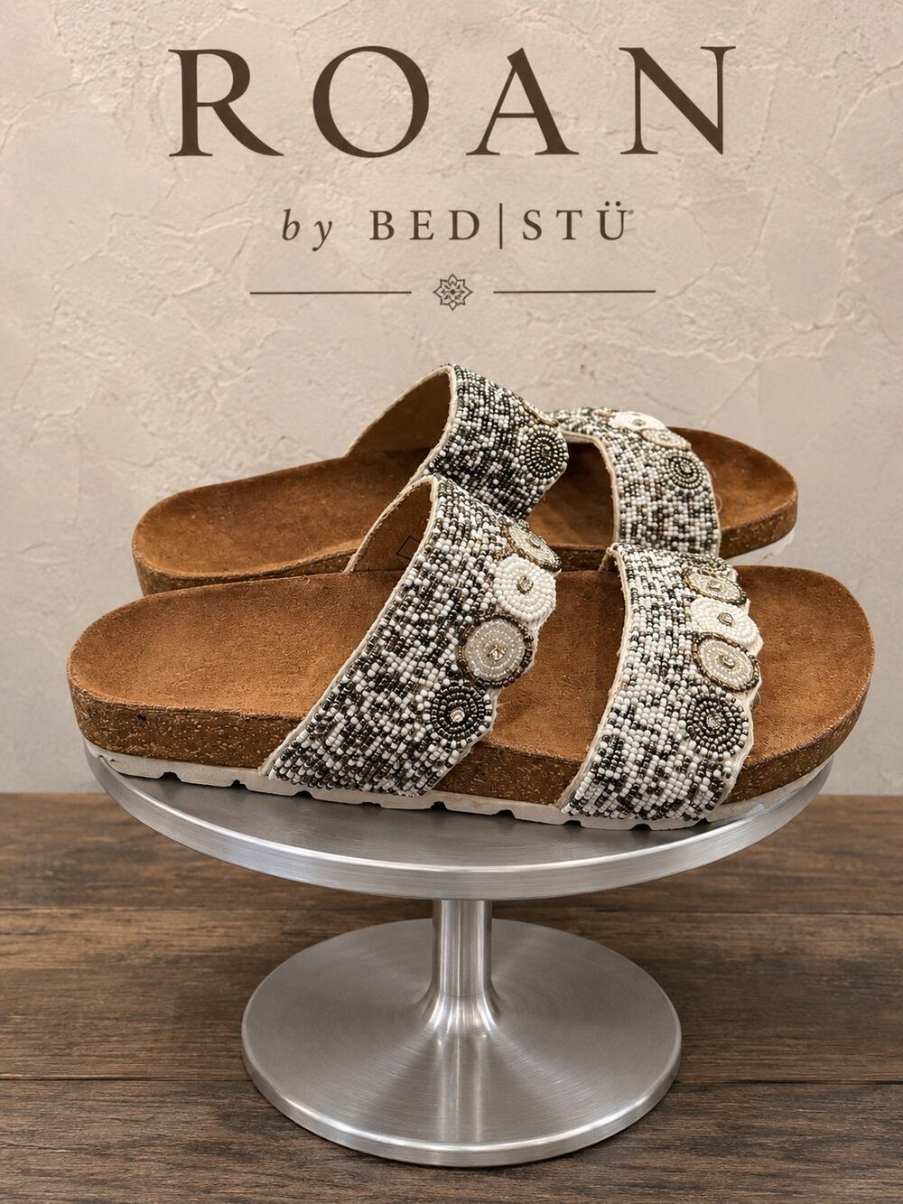ROAN by BED STU Jury Black White Beaded Slide Sandals Women’s 7